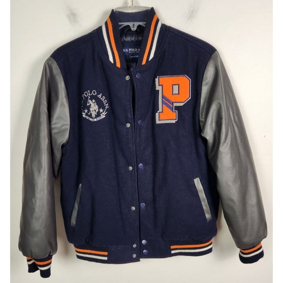 U.S. Polo Assn. Teen Sz. 14/16 Orange/Navy Wool & Faux Leather Varsity Jacket